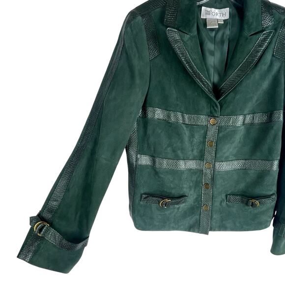 Worth NY Snake Leather Trim Suede Jacket Snap Button Dark Green Size 4 - Picture 6 of 11